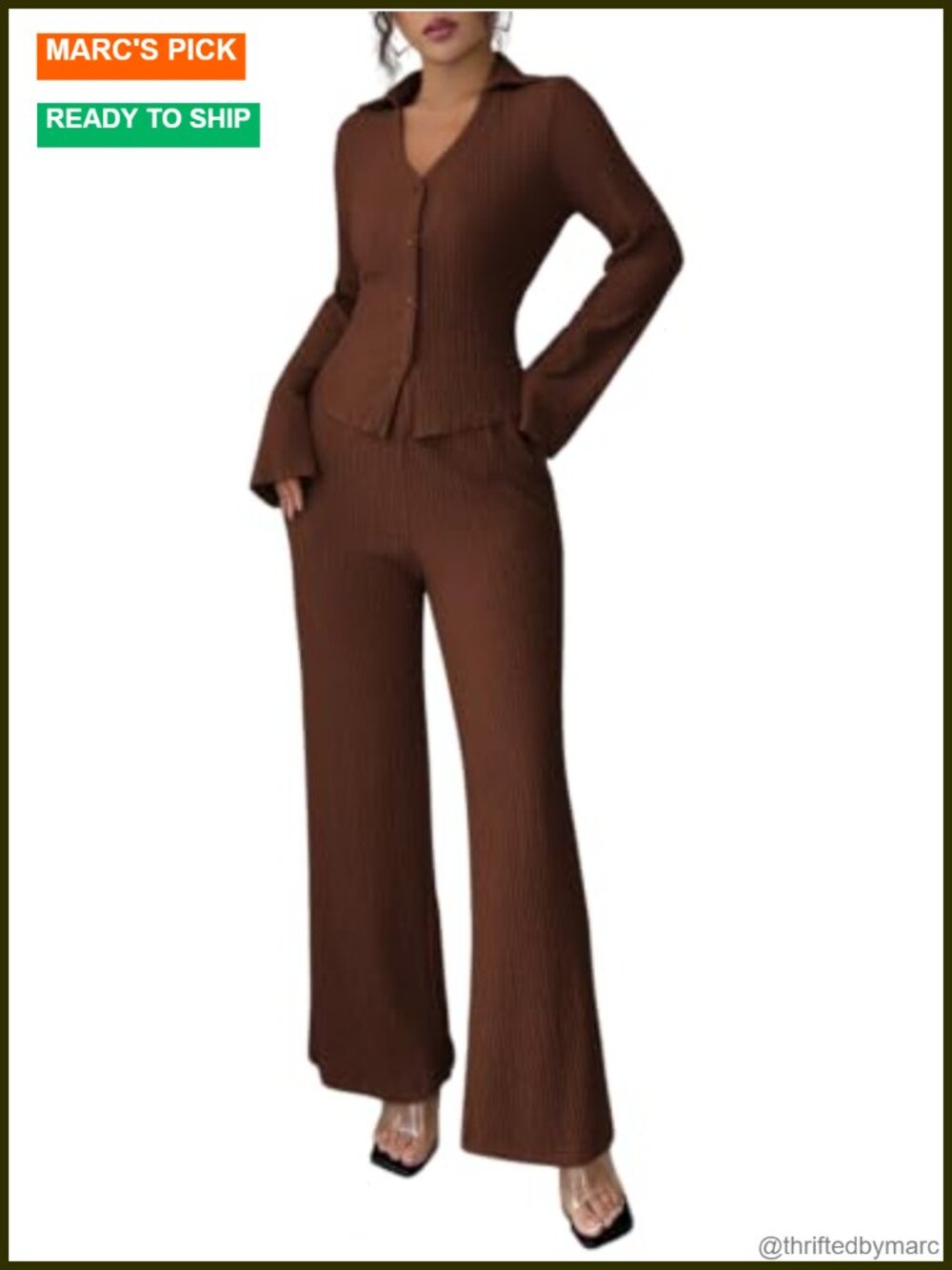 Two Piece Pant Set Collared Button Top Wide Leg Pants